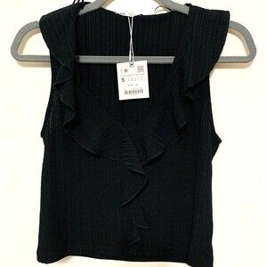 Zara Black top women sleeveless ruffle  deep V neckline  crop top size S